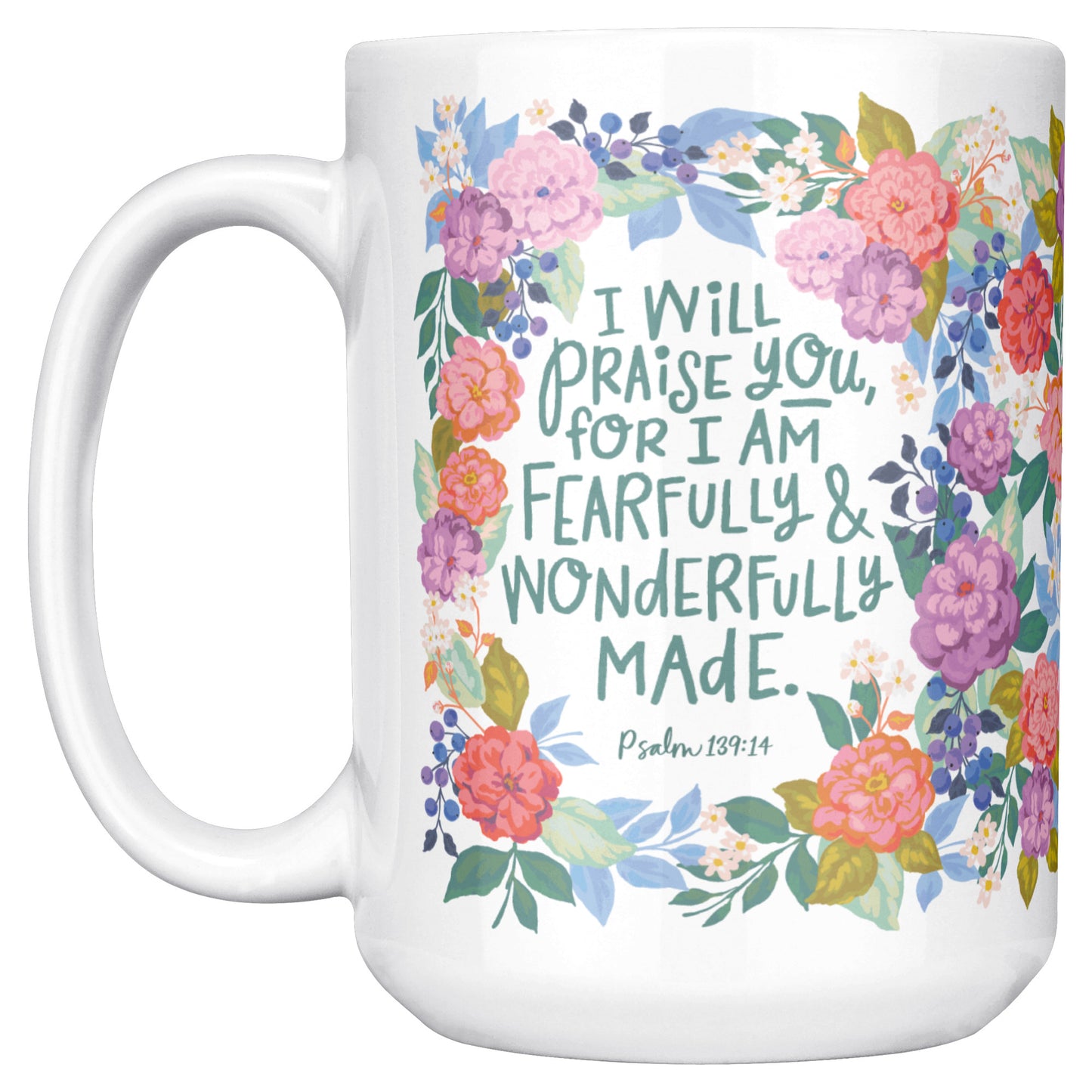 Christian mug coffee mug image featuring Psalm 139:14 from the Bible.