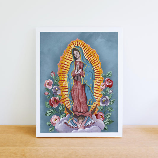 Framed premium art print of Our Lady of Guadalupe. Original was painted with gouache paint.