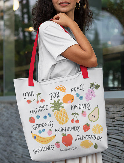 Christian tote bag Peace Love Joy, the Fruits of the Spirit.