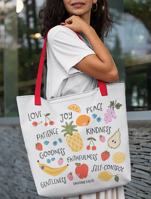 Christian tote bag Peace Love Joy, the Fruits of the Spirit.