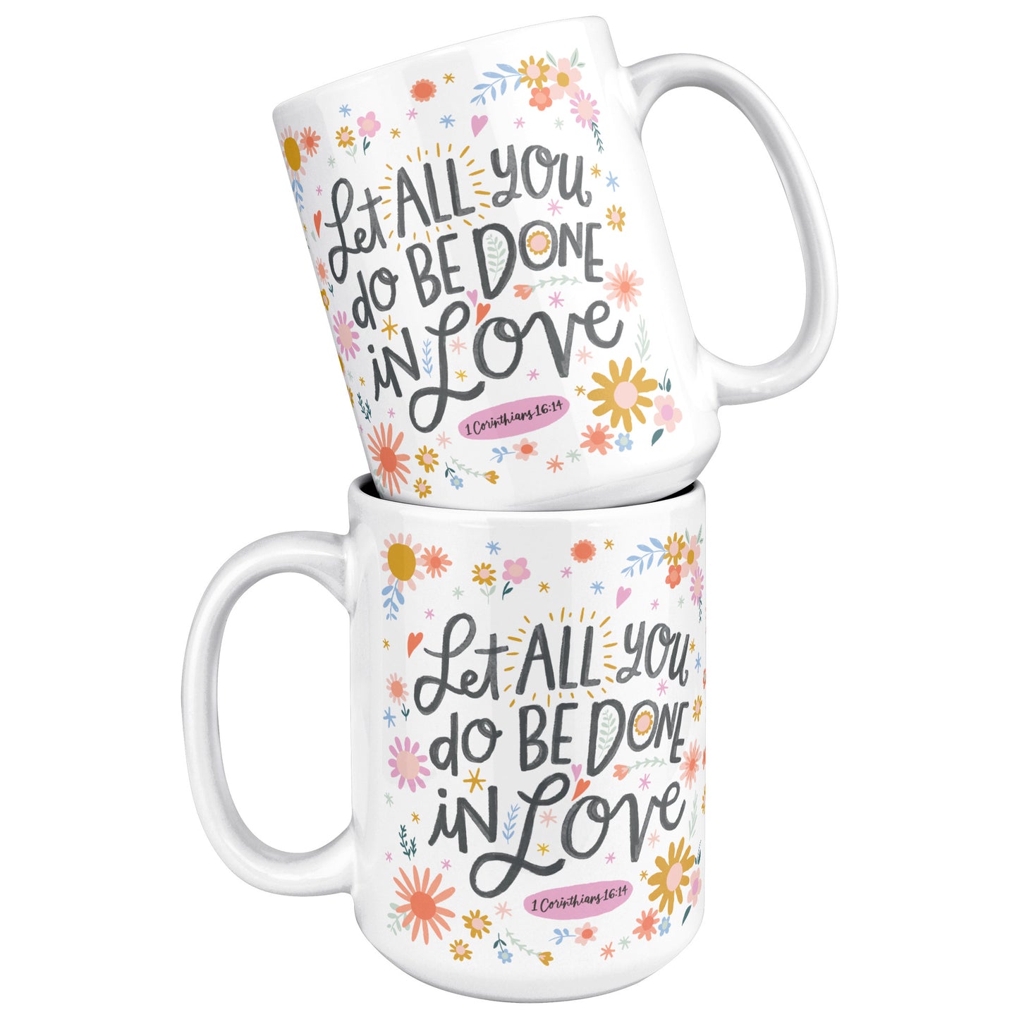 Christian mug 15oz white with colorful flowers.