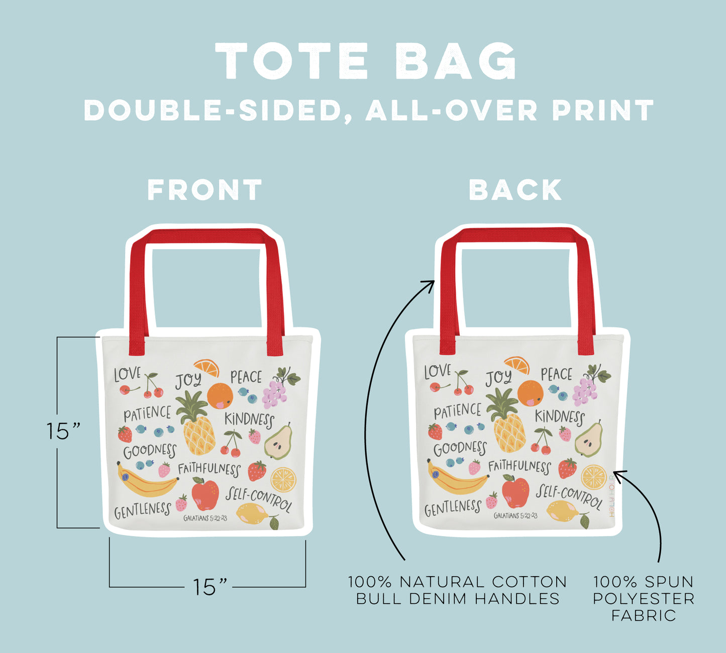 Double sided Christian tote bag design.