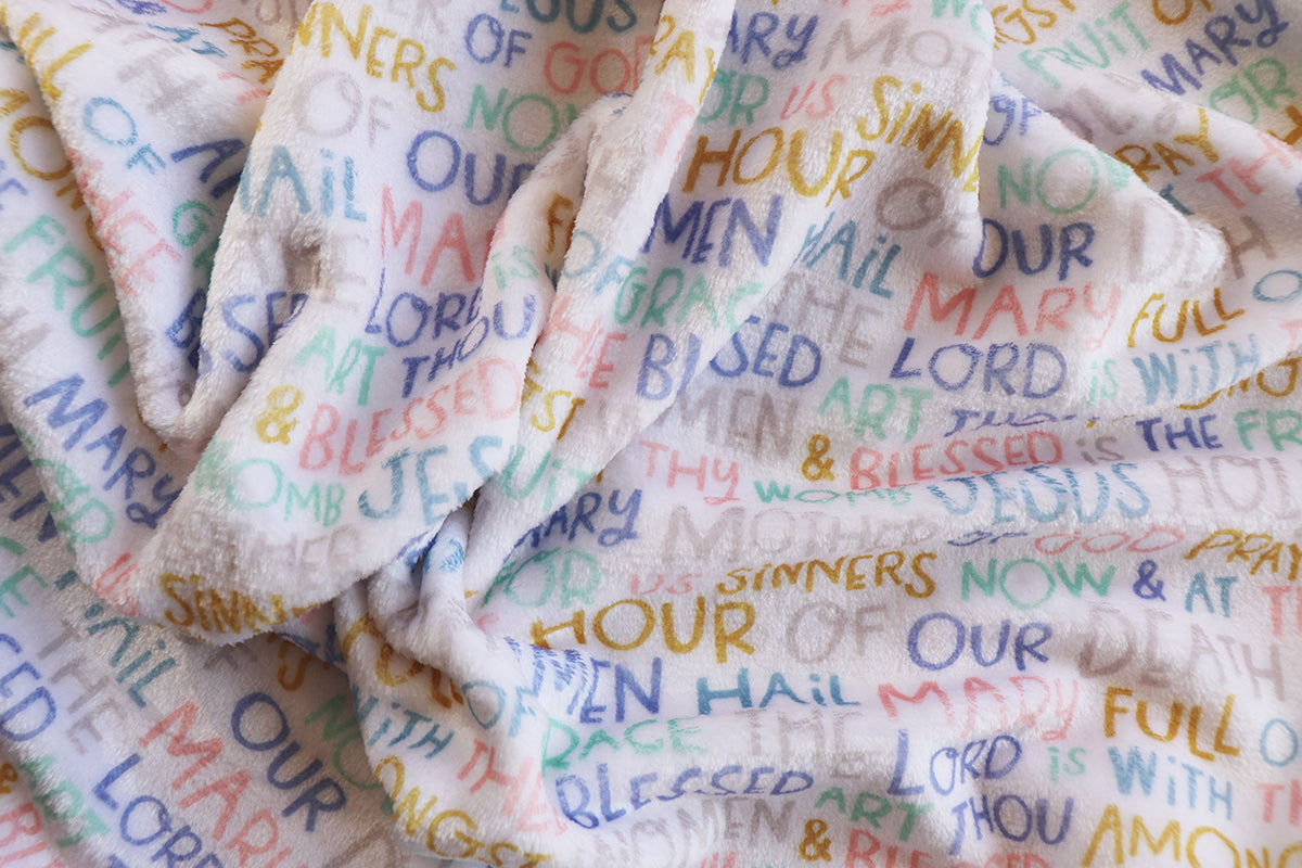 Fleece Baby Blanket Catholic Hail Mary prayer close up image.