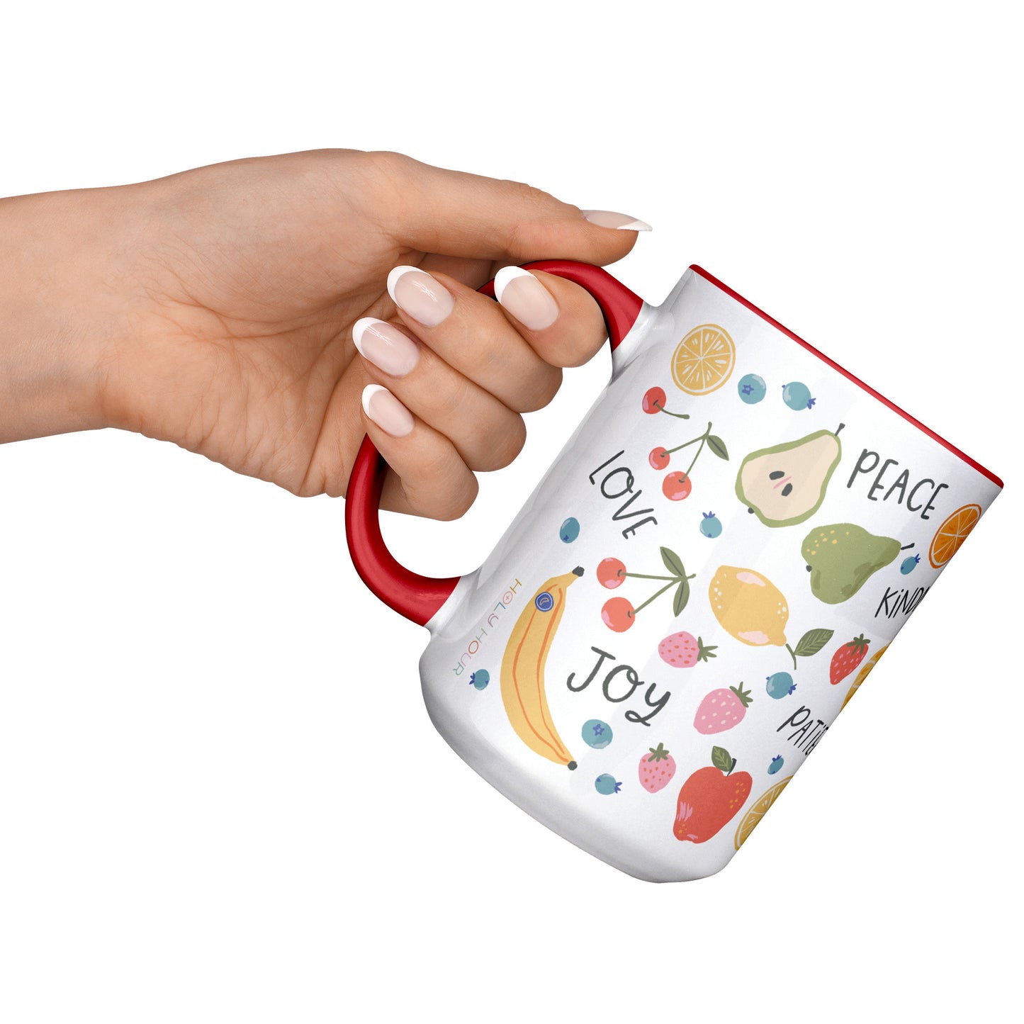 Fruits of the Spirit Christian Mug. Christian coffee mug featuring the Fruits of the Spirit. Available to buy at Holy Hour Gifts.