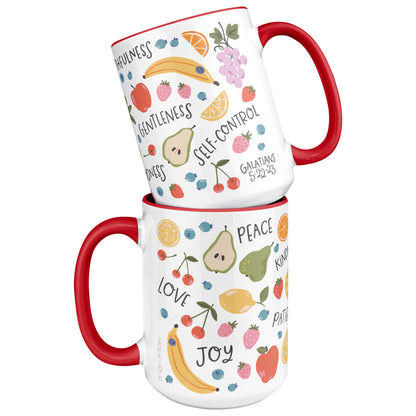 Two coffee mugs fruits of the spirit from Galatians 5:22-23.