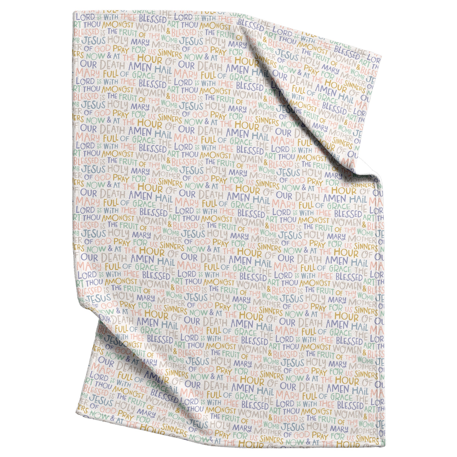 Hail Mary prayer Catholic minky baby blanket in white.