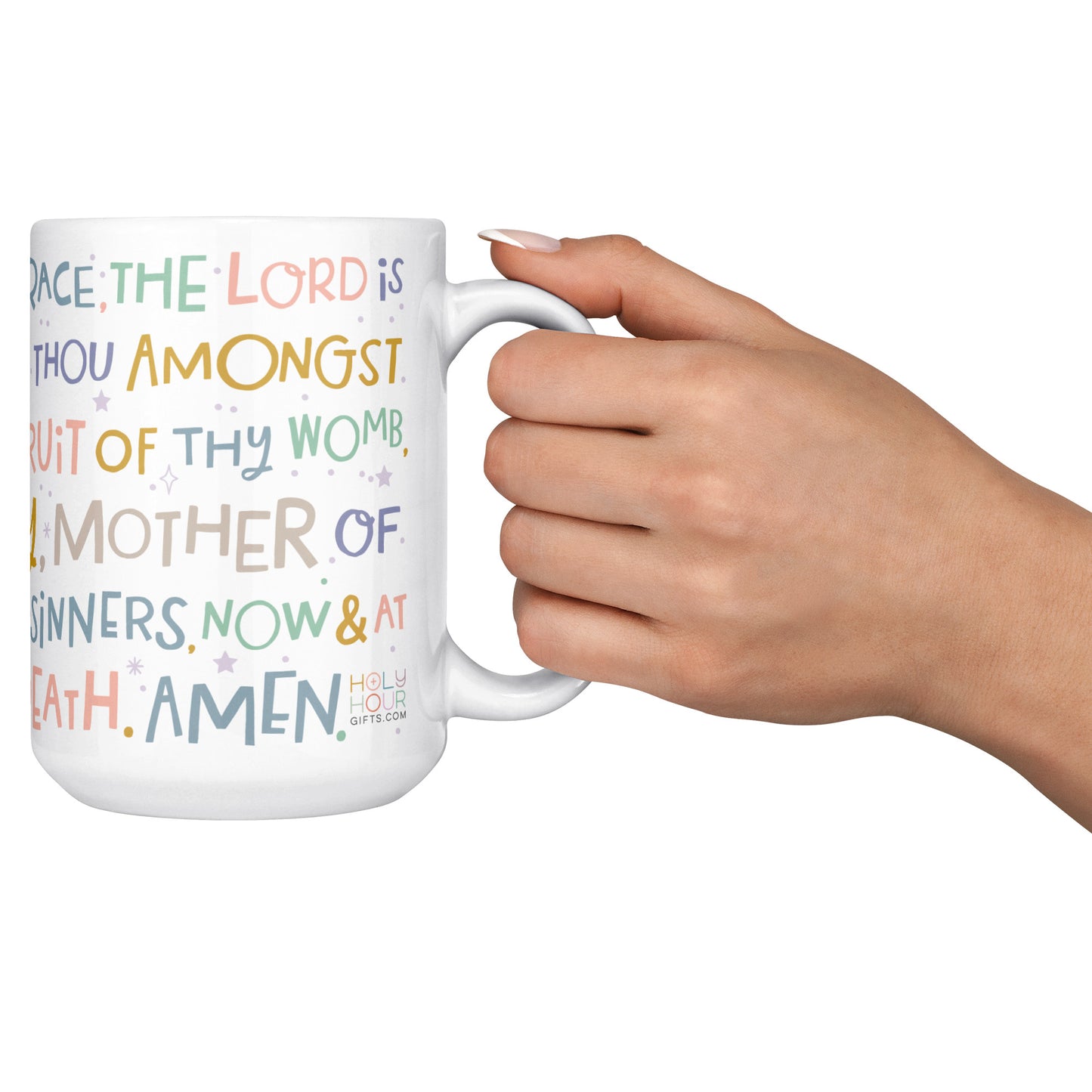 Hail Mary prayer Catholic mug colorful printing on white.