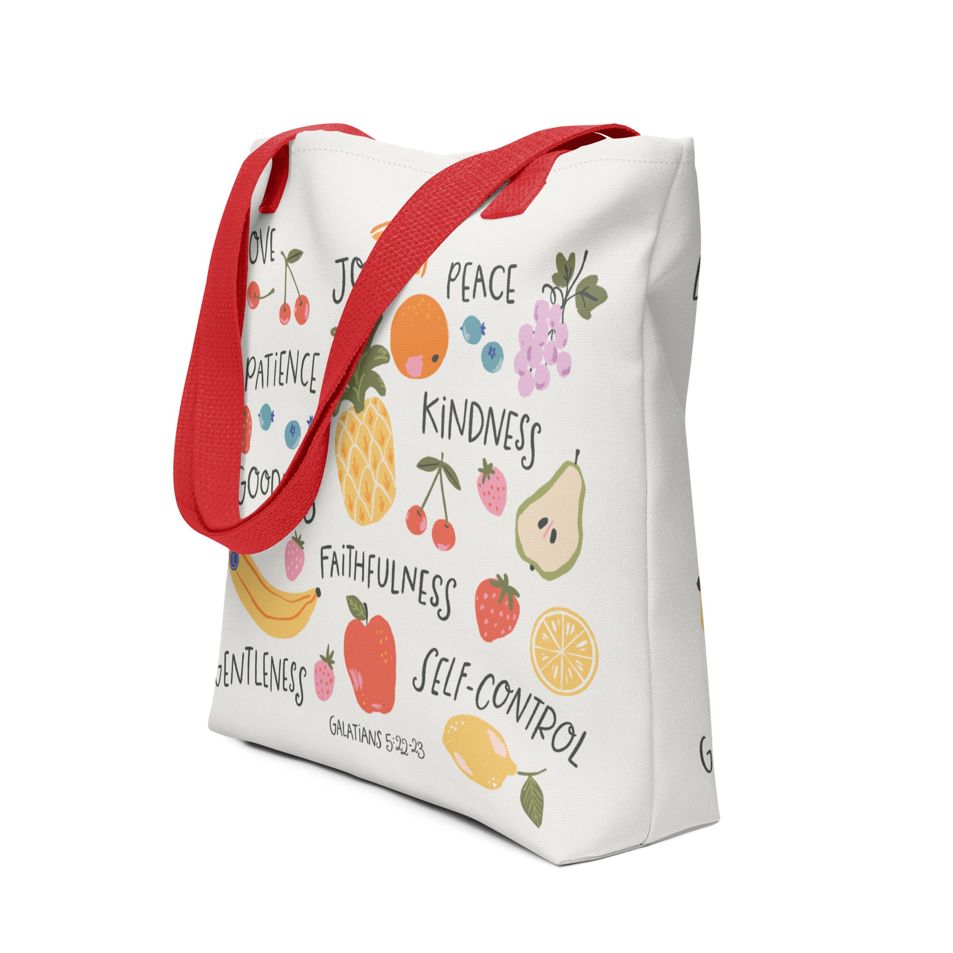 colorful Christian tote bag featuring the Fruits of the Spirit.